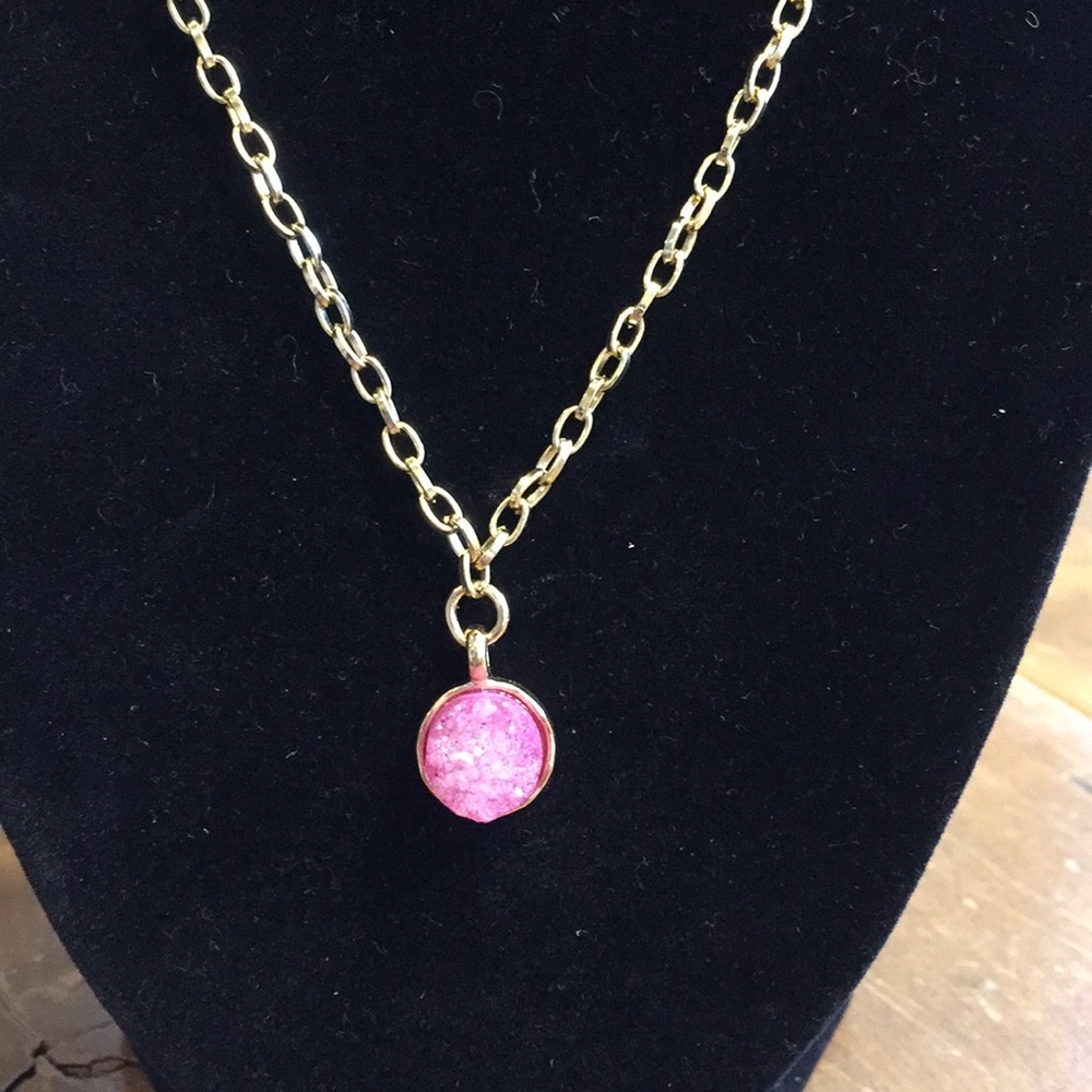 Pink Druzy Genuine Stone on 18” gold chain